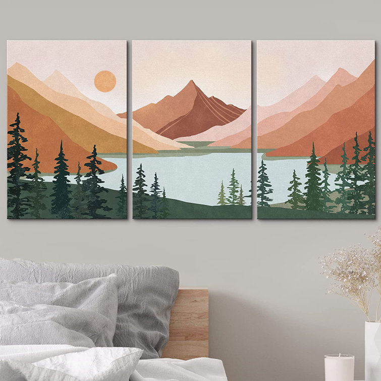 Sun Mountain Landscape Forest Lake Abstract Minimal Nature Scene Framed Canvas 3 Pieces Print Art